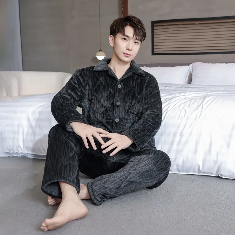 皮尔卡丹三层夹棉男款秋冬季加绒加厚睡衣可外穿保暖家居服套装