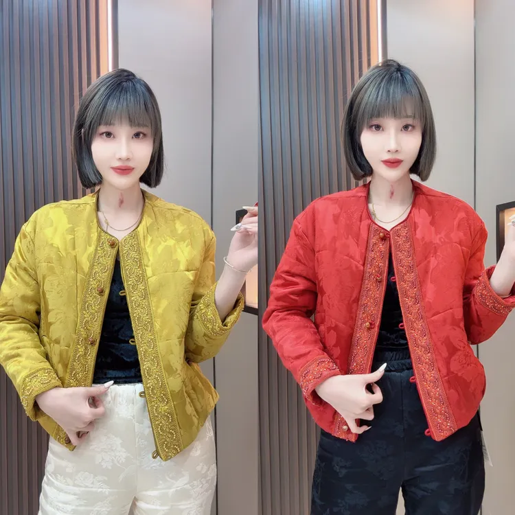 敏宝➕79311重工订珠醋酸提花新中式提花棉服外套保暖冬