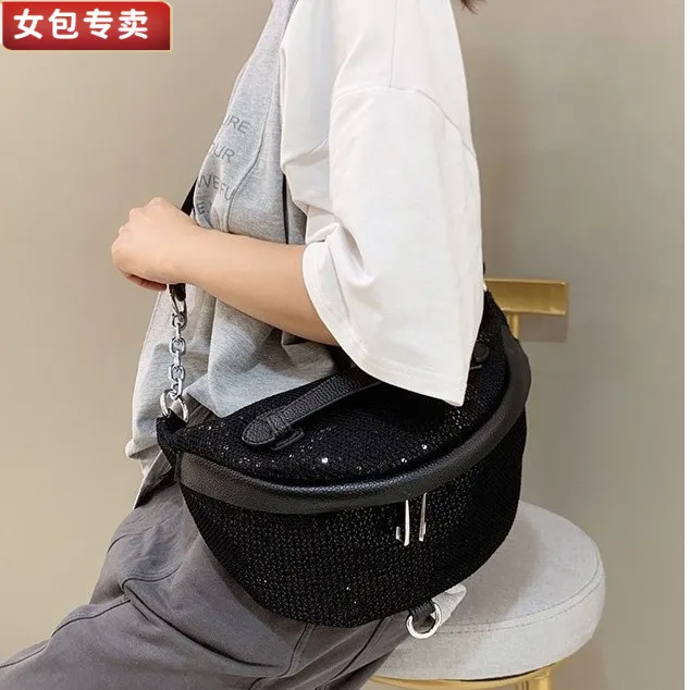 女士爆款时尚小包女2025新款街头潮流百搭腰包亮片网布胸包女单肩