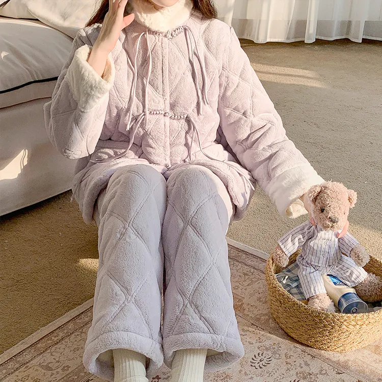 保暖加厚法兰绒家居服套装珊瑚绒新中式国风加绒三层夹棉睡衣女冬