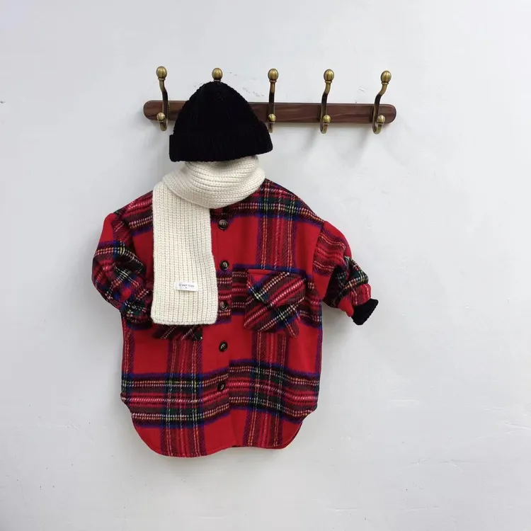 2025儿童格子呢大衣男女童韩版中长款外套宝宝冬季加绒加厚红色风