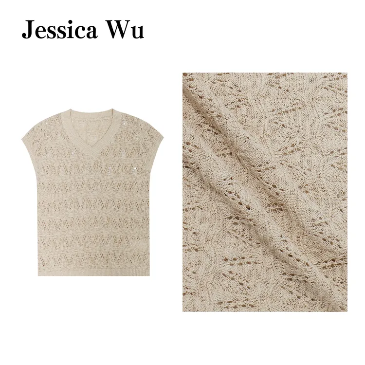 JESSICA WU星光点点~提花珠片薄款镂空显瘦V领针织短袖2597X04002