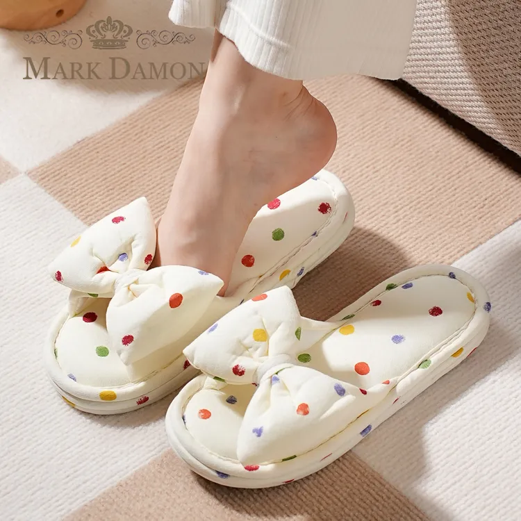 纯棉布艺少女心蝴蝶结居家透气三层布底静音女拖鞋可爱风家居室内