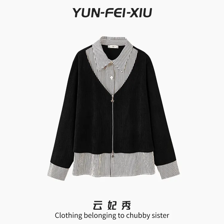 云妃秀大码女装衬衫翻驳领时尚宽松显瘦遮肉胖妹妹假两件秋季9039