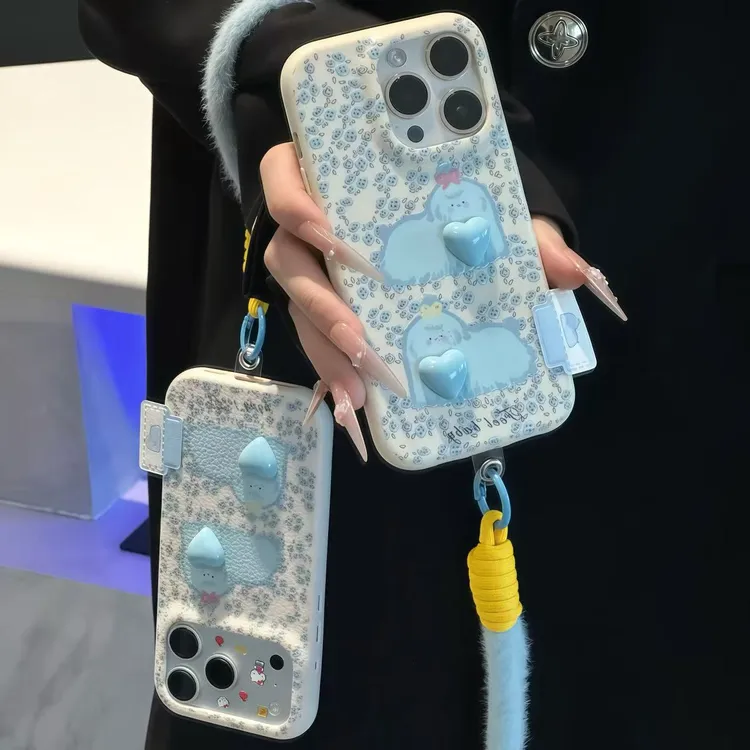 蓝碎花狗狗挂绳适用苹果17/16promax手机壳华为P70vivo小米17oppo