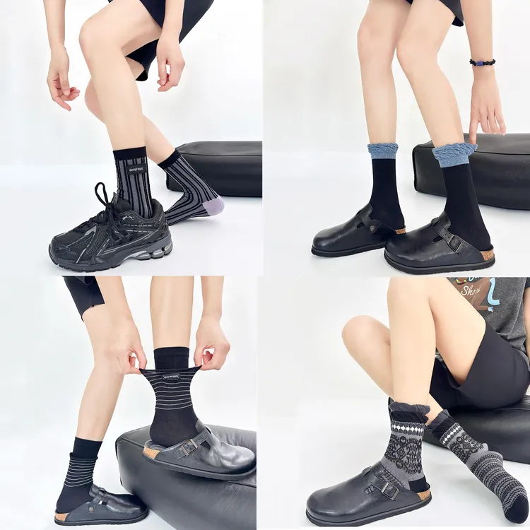 新品女棉袜中筒设计师款复古休闲简约森系撞色装饰同款百搭勃肯鞋
