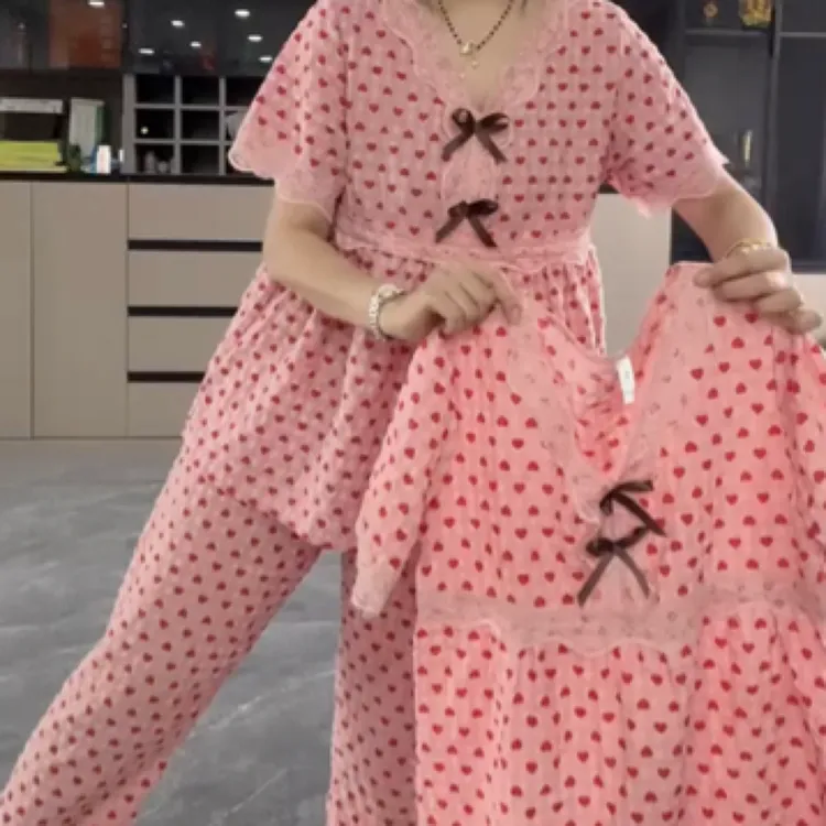 韩版甜美夏季短袖睡衣套装女蕾丝花边时尚减龄可外穿