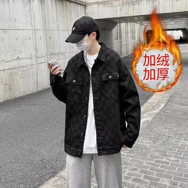 九牧王秋季新款牛仔外套男大码翻领棋盘格牛仔衣黑色夹克潮胖子加