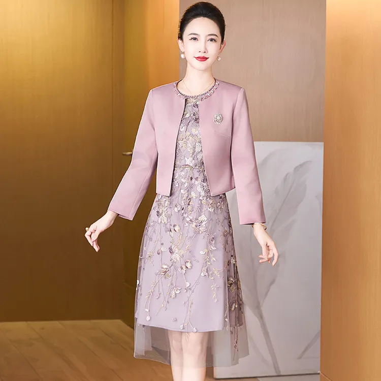 春秋精品两件套时尚刺绣经典款显年轻洋气婚宴妈妈装丈母娘礼服