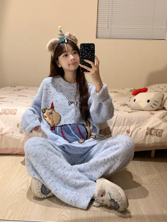 珊瑚绒睡衣秋冬款女加绒加厚卡通可爱法兰绒可外穿长袖家居服套装