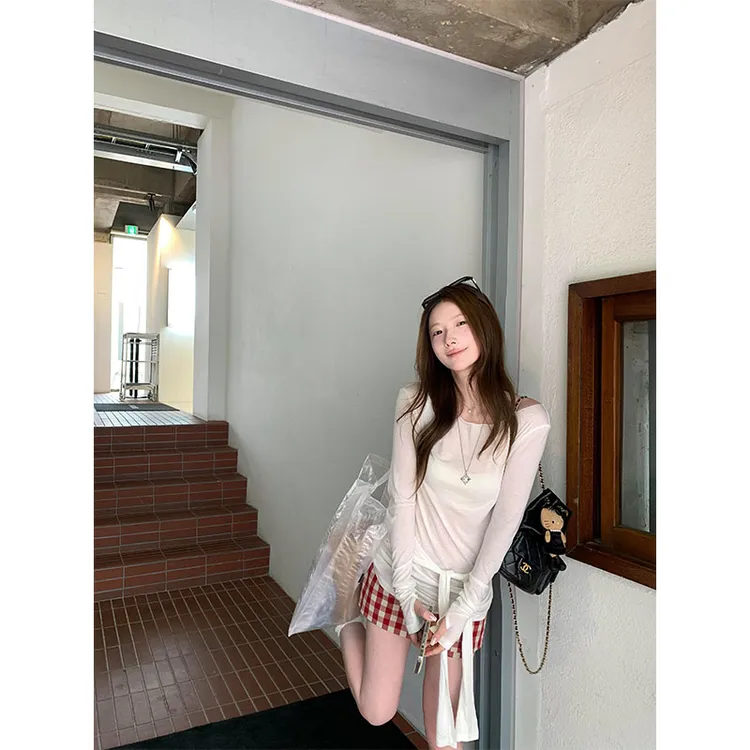 夏季甜美风休闲百搭时尚洋气薄款长袖上衣高腰a字格子显瘦半身裙