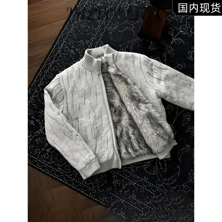 荆棘绞花立领开衫毛衣男秋冬加绒加厚保暖针织衫仿狼毛座山雕外套