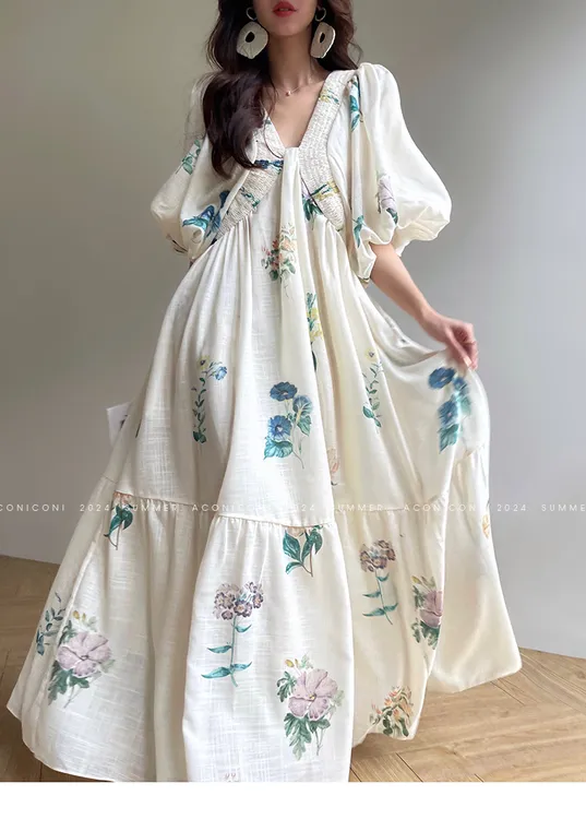 【茶歇印花】法式温柔碎花连衣裙女夏季度假风气质长裙子.D0535