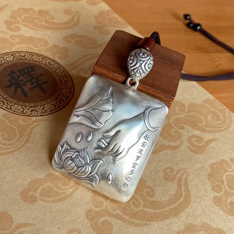 吊坠足银 莲花心经吊坠999纯银吊坠复古女款毛衣链银饰挂坠大号