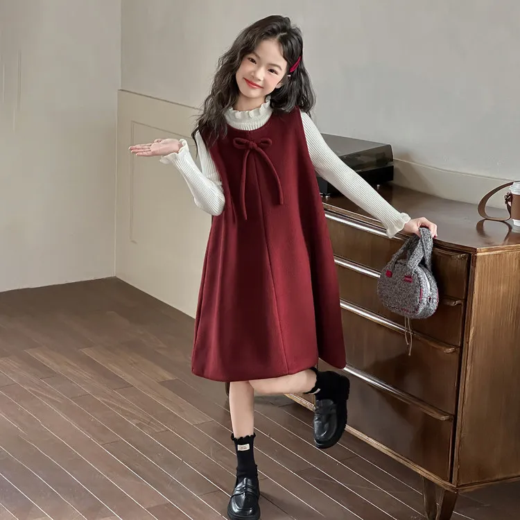 女童连衣裙秋冬2025新款儿童洋气蝴蝶结毛呢背心裙女孩红色公主裙