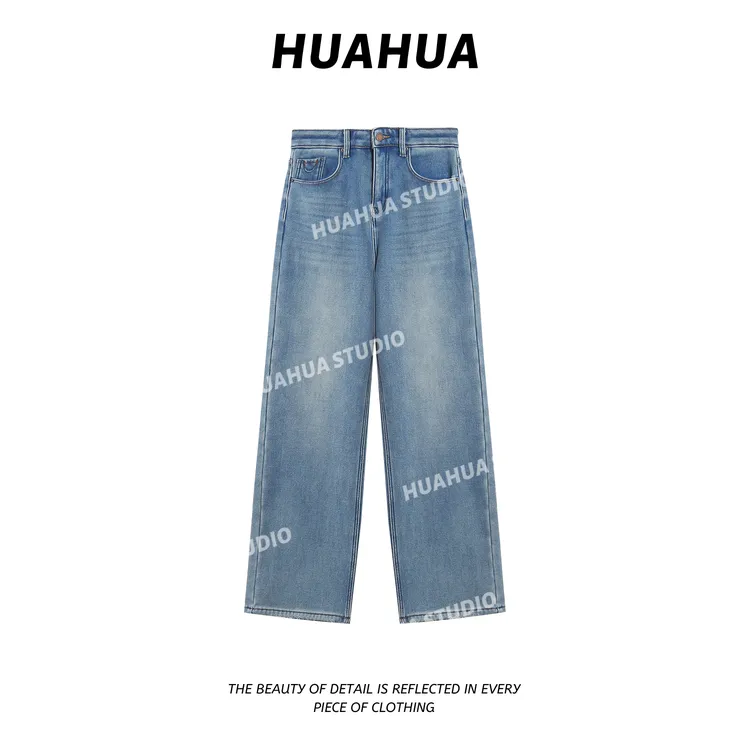 【花花】直腿蓝牛~韩版加绒超厚实潮流显瘦修饰腿型百搭直筒牛仔裤