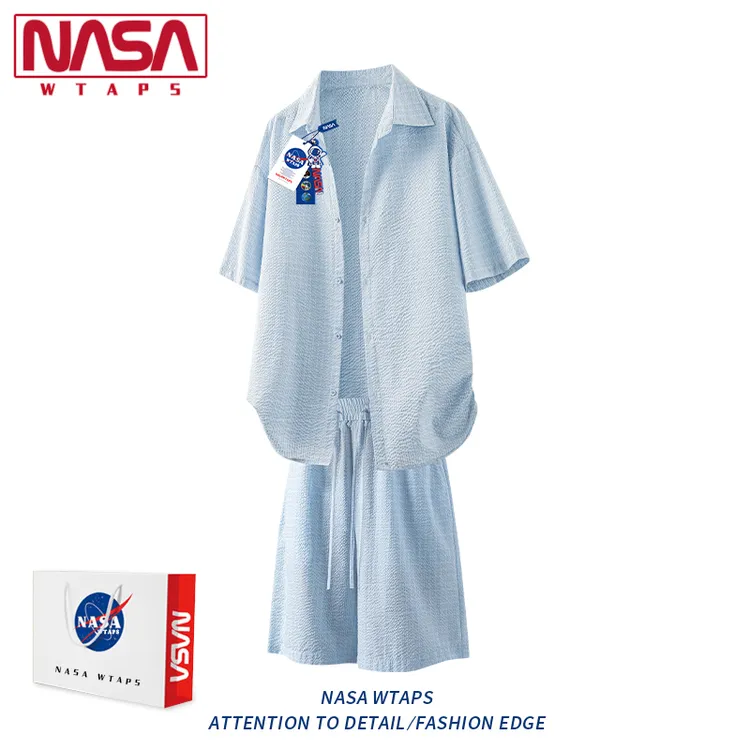 NASA WTAPS冰丝织格短袖衬衫套装男夏季薄款泡泡纱衬衣短裤两件套