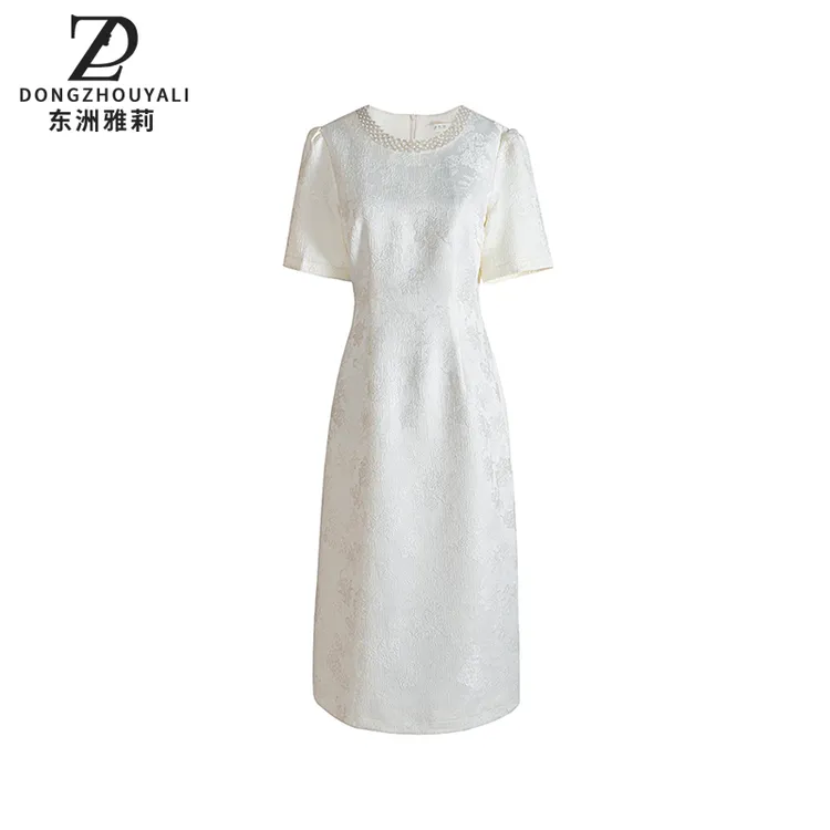 【皎影浮花】夏季气质名媛风白色短袖提花连衣裙复古精致钉珠中长裙