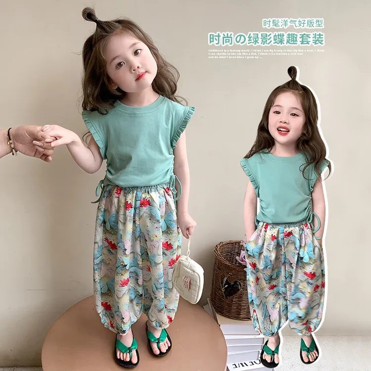 女童套装夏装薄荷绿洋气2025新款爆款宝宝休闲短袖防蚊裤薄款夏季