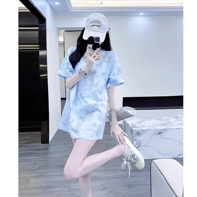 蓝色短袖女t恤夏2025新款欧货高级小众不撞款独特漂亮半袖上衣女