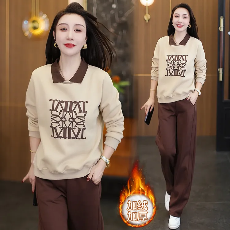 拉夏贝尔加绒加厚时尚套装女2025年秋冬新款减龄卫衣运动裤两件套