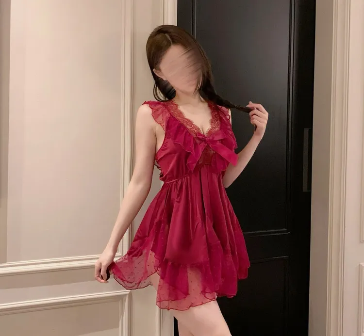 【蜜桃】性感丝波点网纱睡衣夏季甜美蝴蝶结吊带睡裙女式家居服套装
