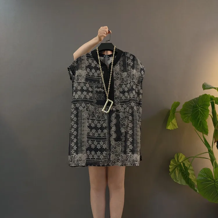 女款夏季中长款Polo领印花短袖宽松遮肚子显瘦百搭衬衫