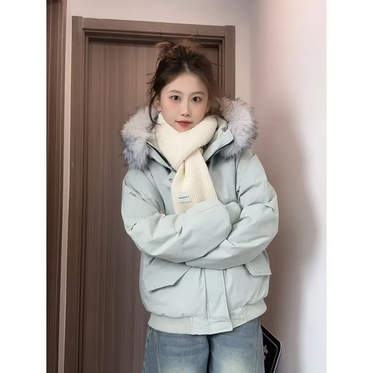 潮牌口袋设计加厚压缩空气棉座山雕可拆超大毛领派克棉服男女同款