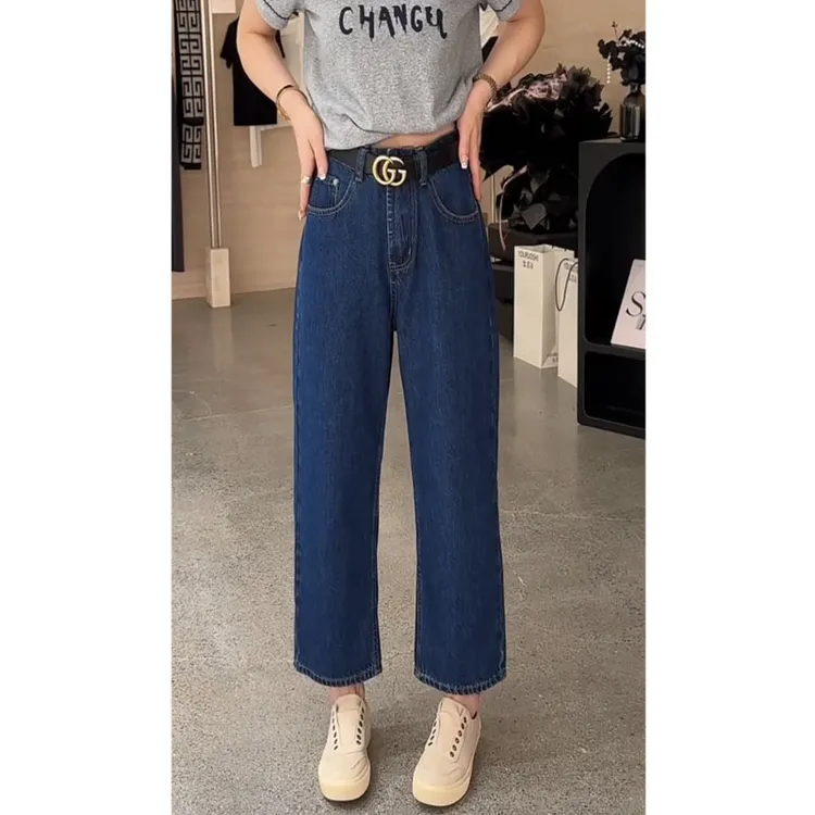 艾塔莉蓝色复古直筒裤女夏季新款胖mm宽松直筒裤大码阔腿裤九分裤