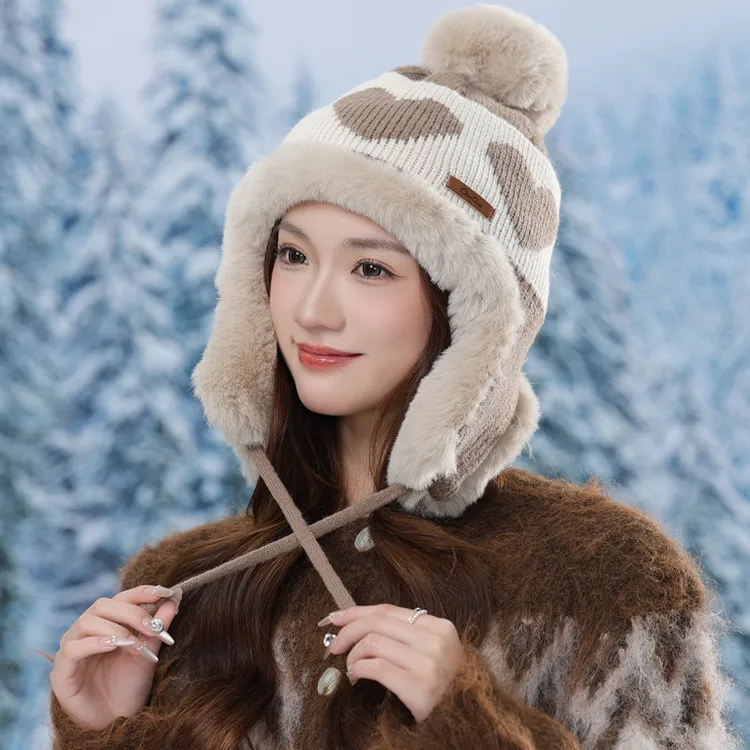 爱心提花帽子女可爱甜美包头帽加厚加绒雷锋帽护耳百搭简约毛绒帽