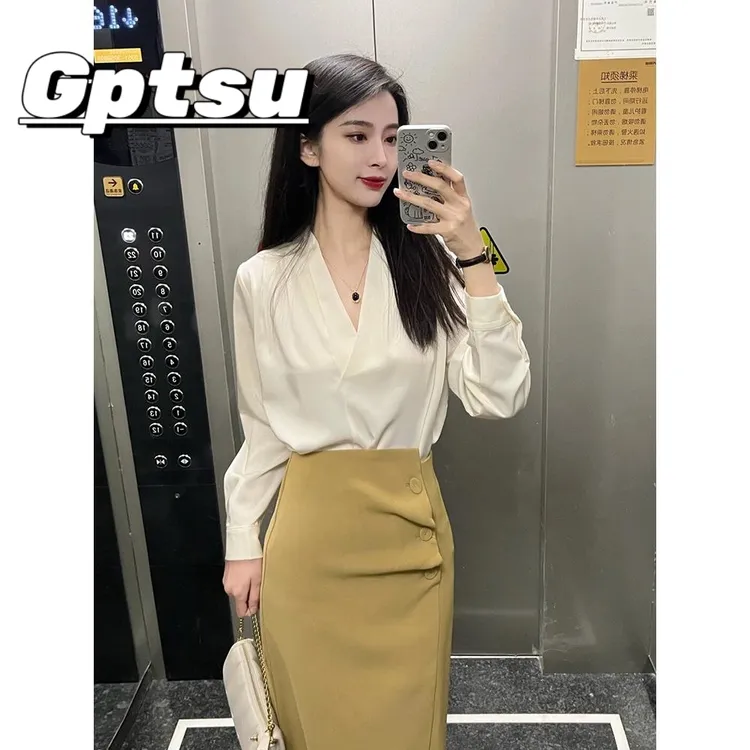 GPTSu轻熟风通勤缎面衬衫女春秋新款不规则气质A字半身包臀裙套装