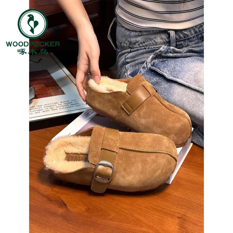 啄木鸟复古厚底勃肯鞋包头拖鞋毛毛鞋女外穿冬新款厚底加绒棉拖鞋