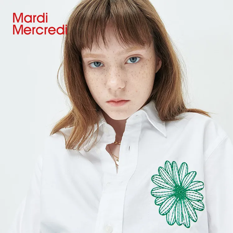 MardiMercredi小雏菊刺绣衬衫女百搭休闲显瘦白色亲肤透气上衣