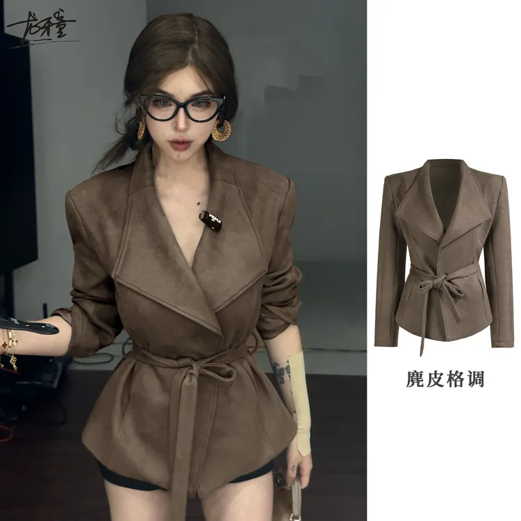 龙牙童推荐【麂皮格调】秋冬复古港式古早外套气质欧美辣妹百搭翻领
