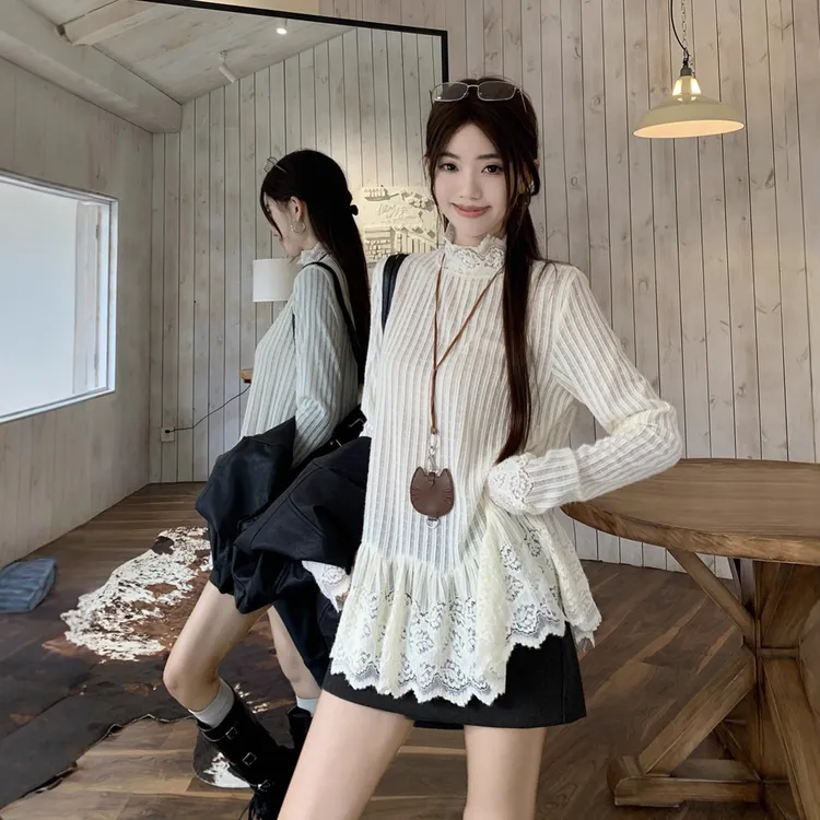 设计感蕾丝花边长袖T恤女装2025秋季新款小众减龄百搭打底衫上衣