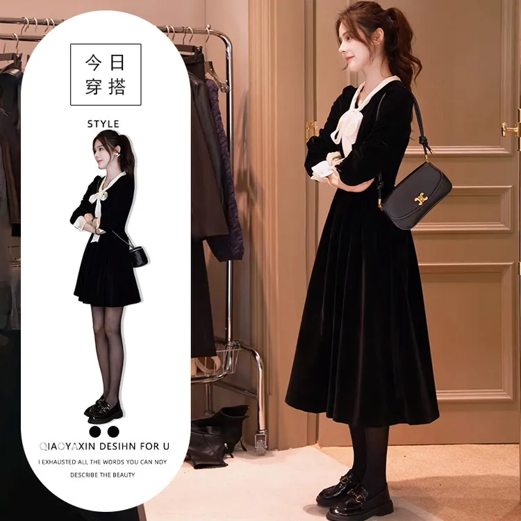 赫本风连衣裙女2025秋冬新款高级感别致小众时尚蝴蝶结长短款裙子