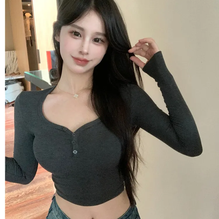 紧身辣妹露脐恤夏季长袖纯欲风短款上