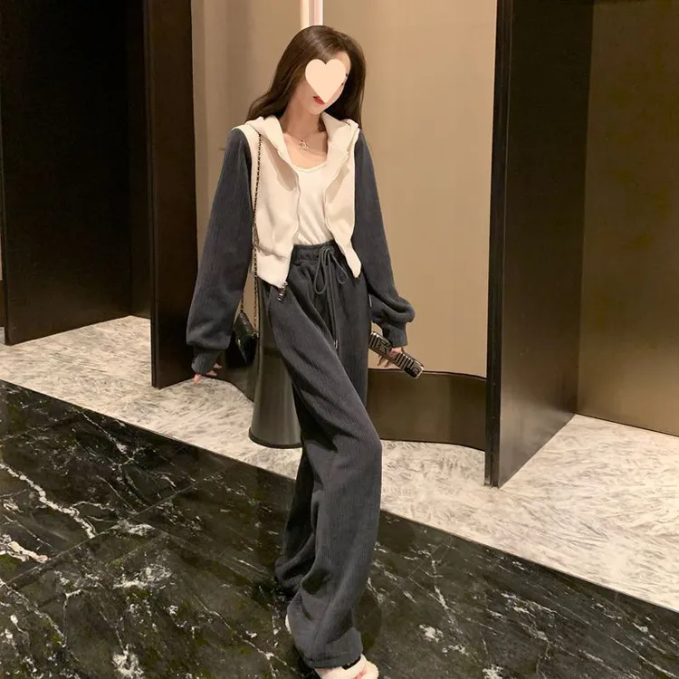 通勤风法式运动风时尚套装运动洋气秋装秋冬韩版时尚连帽减龄