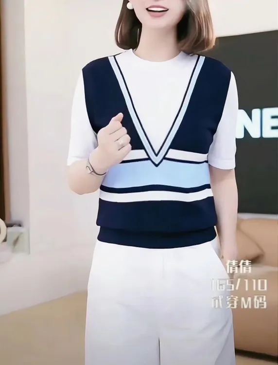 2025显瘦气质时尚百搭夏季新款条纹假两件针织衫