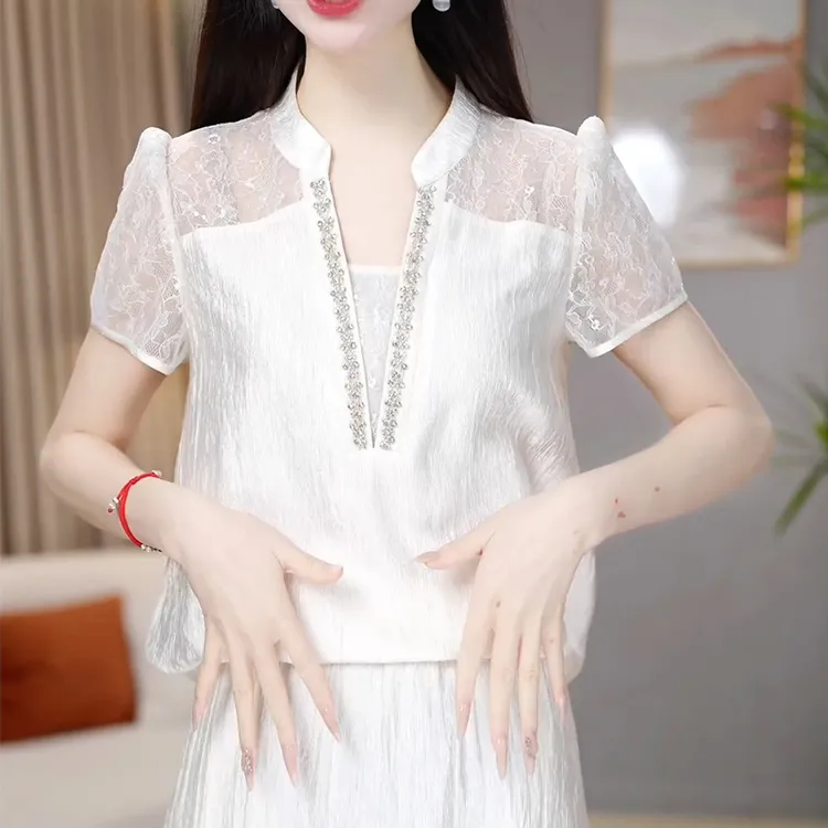 洋气蕾丝透明拼接上衣+松紧腰遮肚半身裙两件套2025夏季时尚套裙