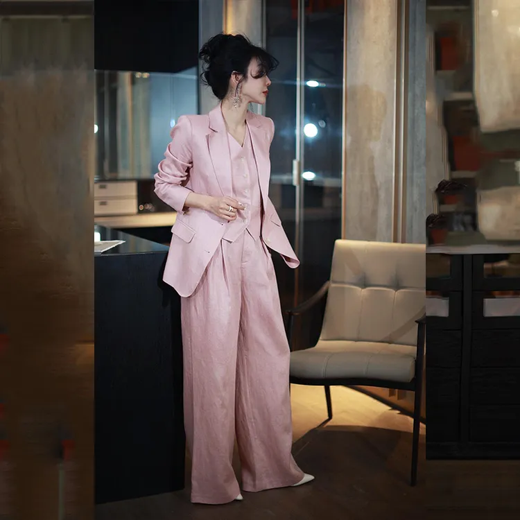 高级感粉色西装套装女高个子长裤马甲职业装工作服时尚西服三件套