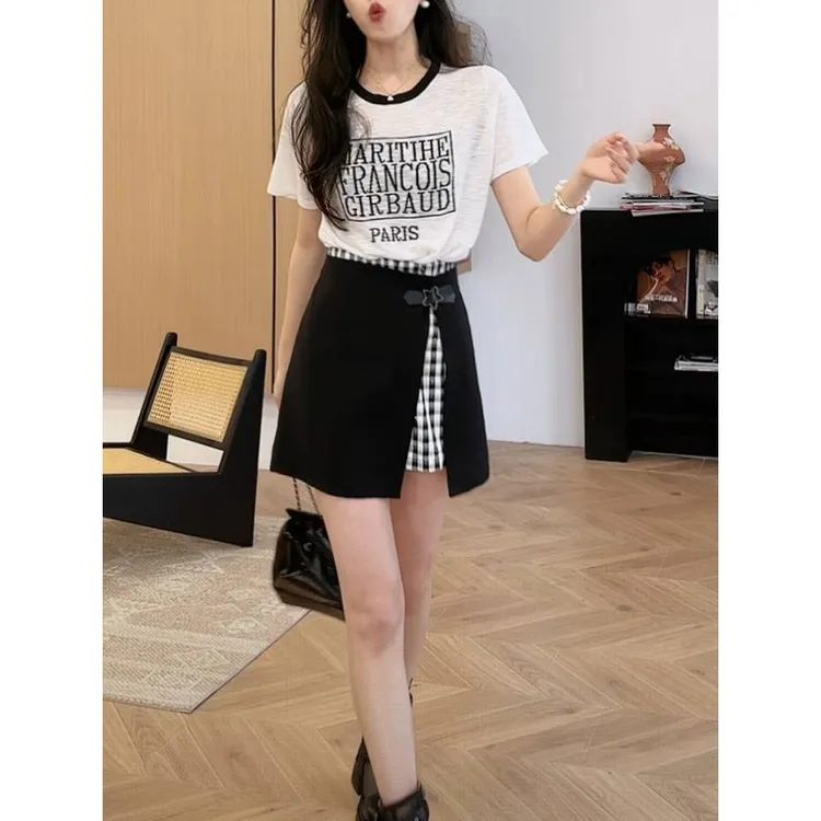 香朵儿上衣假两件裤裙两件套时尚套装女2025年夏季新款洋气衣服女