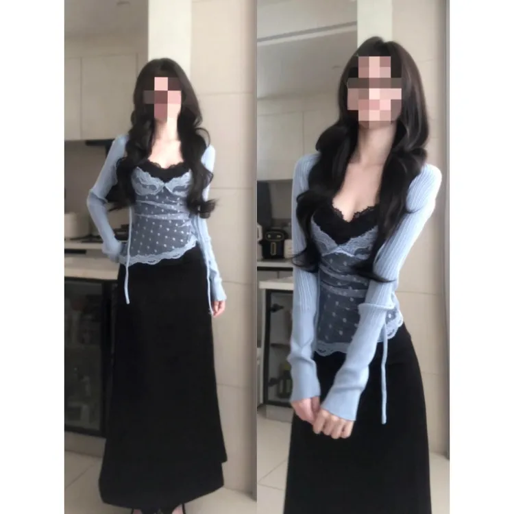 MARIE.COCO纯欲风蕾丝拼接假两件吊带背心长袖针织开衫半身裙套装
