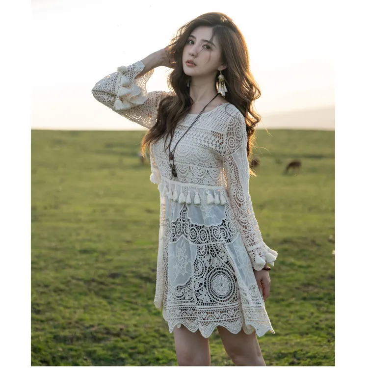 COCO BECCI【琼库什台罩衫】100棉显瘦镂空蕾丝连衣裙CFXYC172156