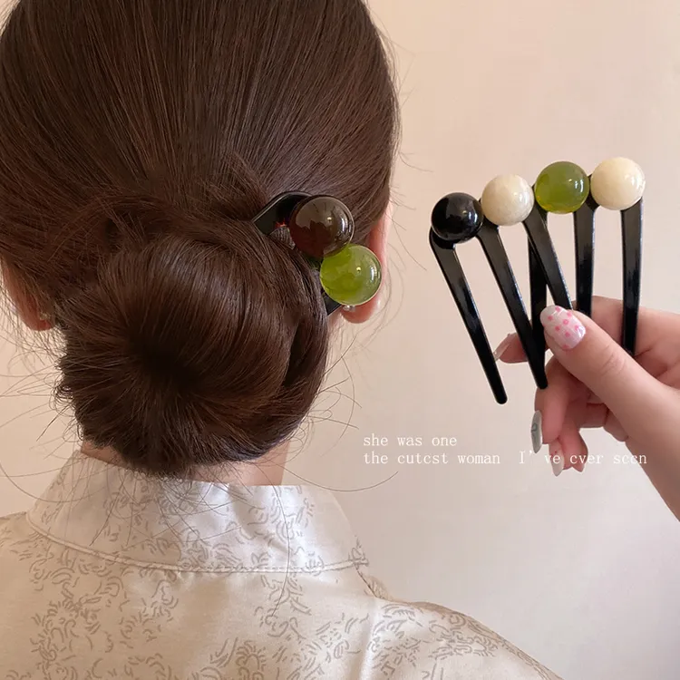 高级感三齿珠珠U型发簪日常通勤丸子头簪子后脑勺盘发器固定发钗