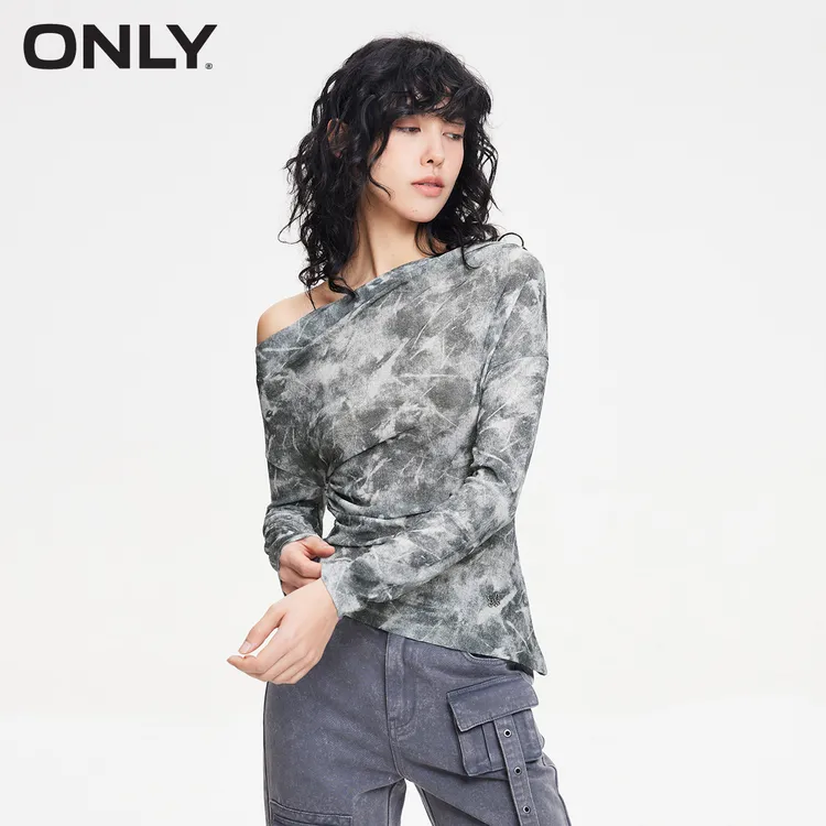 ONLY2025秋季设计师时尚小众设计感抽褶长袖修身T恤女124402004