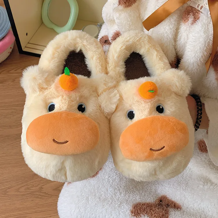 可爱水豚噜噜棉拖鞋女冬季情侣外穿防滑居家加绒保暖毛毛棉鞋漫步