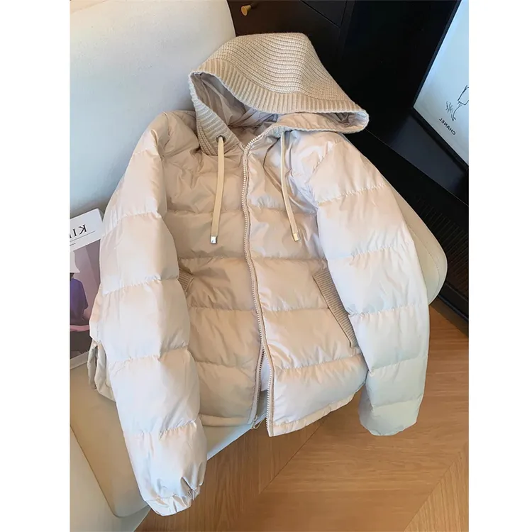 设计感独特别致针织拼接连帽棉服女2025秋冬法式气质拉链棉衣外套