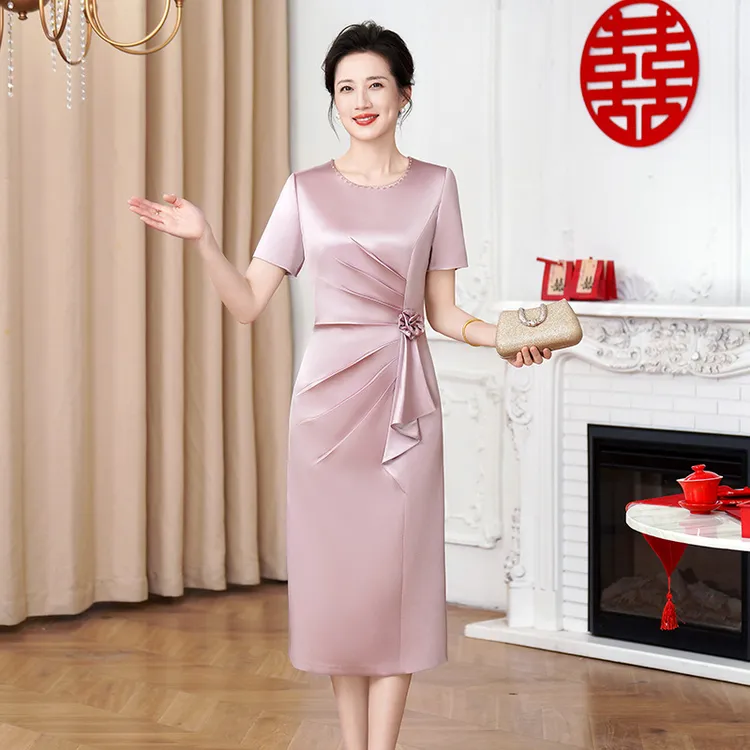 夏季新款婚礼妈妈装时尚礼服修身显瘦包臀圆领短袖喜婆婆连衣裙