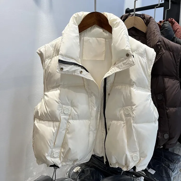 白鸭绒羽绒马甲女短款2025冬季新款加厚立领宽松时尚马夹坎肩外套